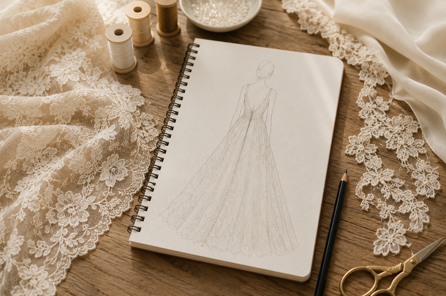 Wedding dress sketch surrounded by lace and thread